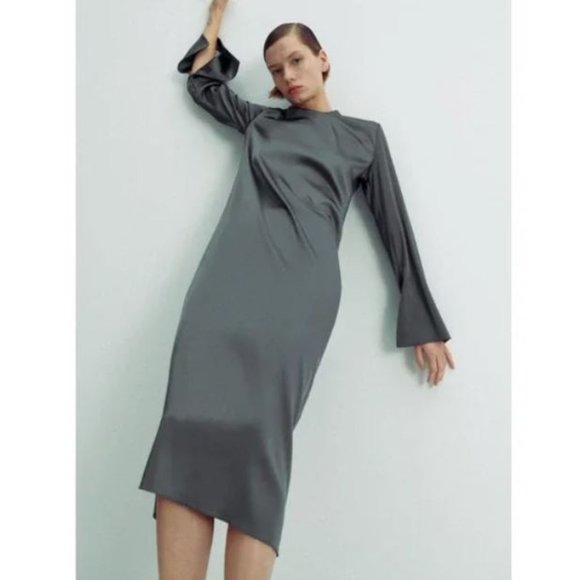 NWT SATIN Effect DARK CHARCOAL GRAY Long Sleeve Midi Dress - Picture 5 of 12